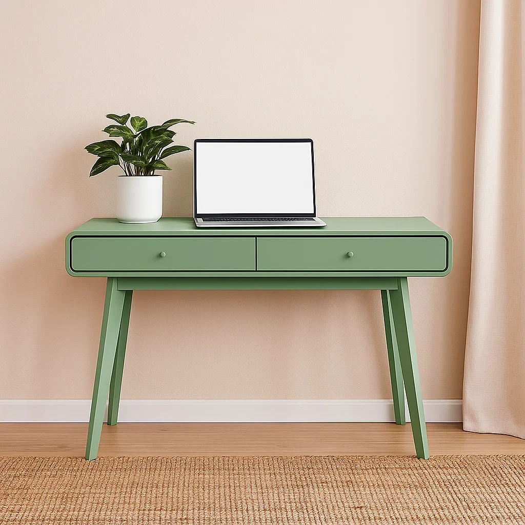 Moderner Schreibtisch mit 2 Schubladen, grünem Gestell und Holzbeinen, 100 x 45 x 75 cm - cPwqDAD295Ef