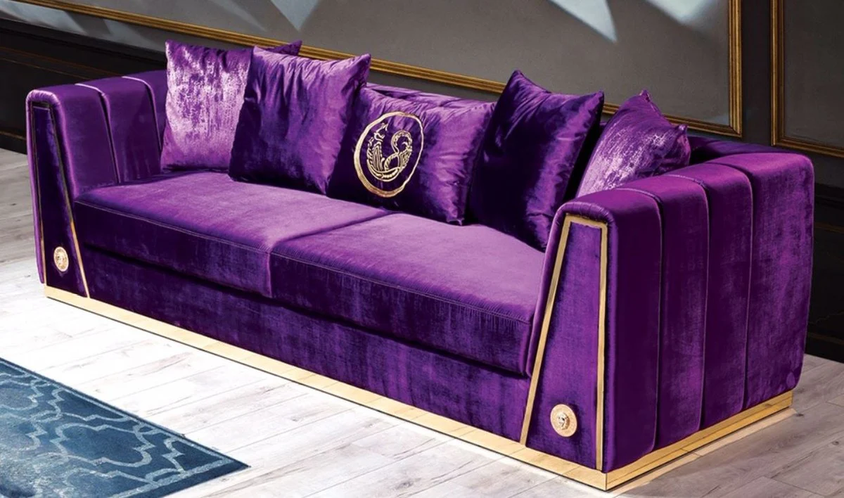 Luxury couch purple / gold 260 x 90 x H. 76 cm - Elegant living room sofa with decorative pillows - Luxury furniture