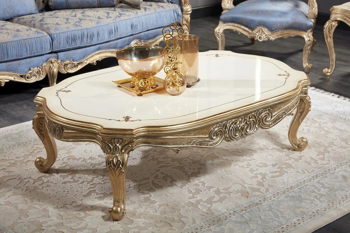Luxus Barock Wohnzimmer Set Hellblau / Weiß / Antik Gold - 2 Sofas & 2 Sessel & 1 Couchtisch & 2 Beistelltische - Barock Wohnzimmer Möbel - Edel & Prunkvoll