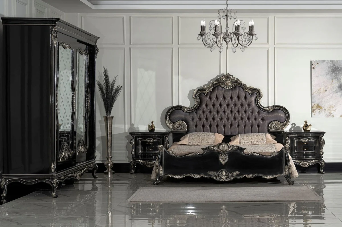 Luxury Baroque Double Bed Anthracite Gray / Black / Silver - Magnificent Solid Wood Bed - Luxury Bedroom Furniture in Baroque Style - Baroque Bedroom Furniture - Noble & Magnificent