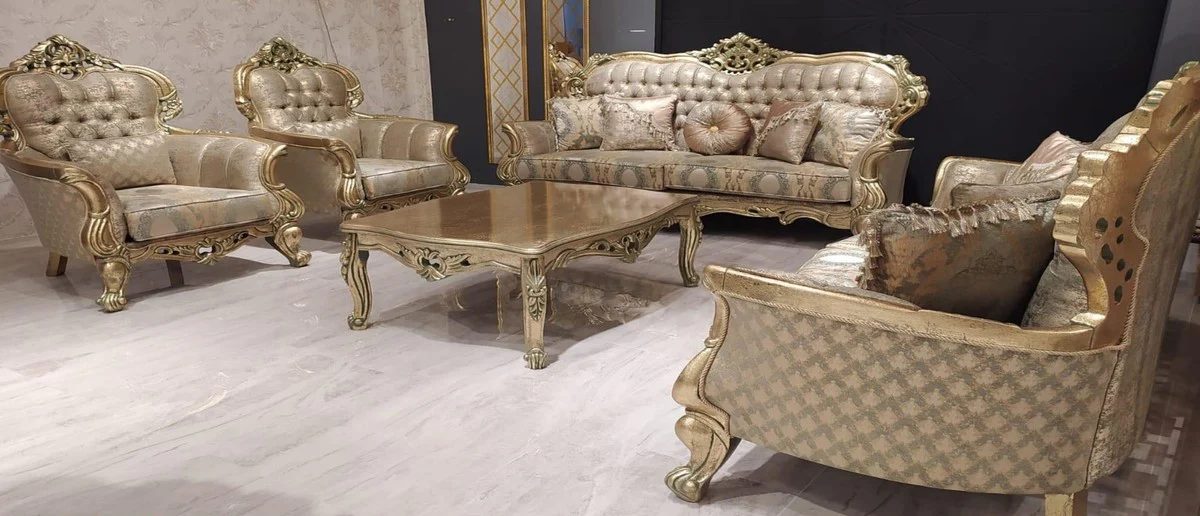 Luxus Barock Wohnzimmer Set Gold / Grün / Gold - 2 Barock Sofas mit Muster & 2 Barock Sessel mit Muster & 1 Barock Couchtisch - Barock Wohnzimmer Möbel