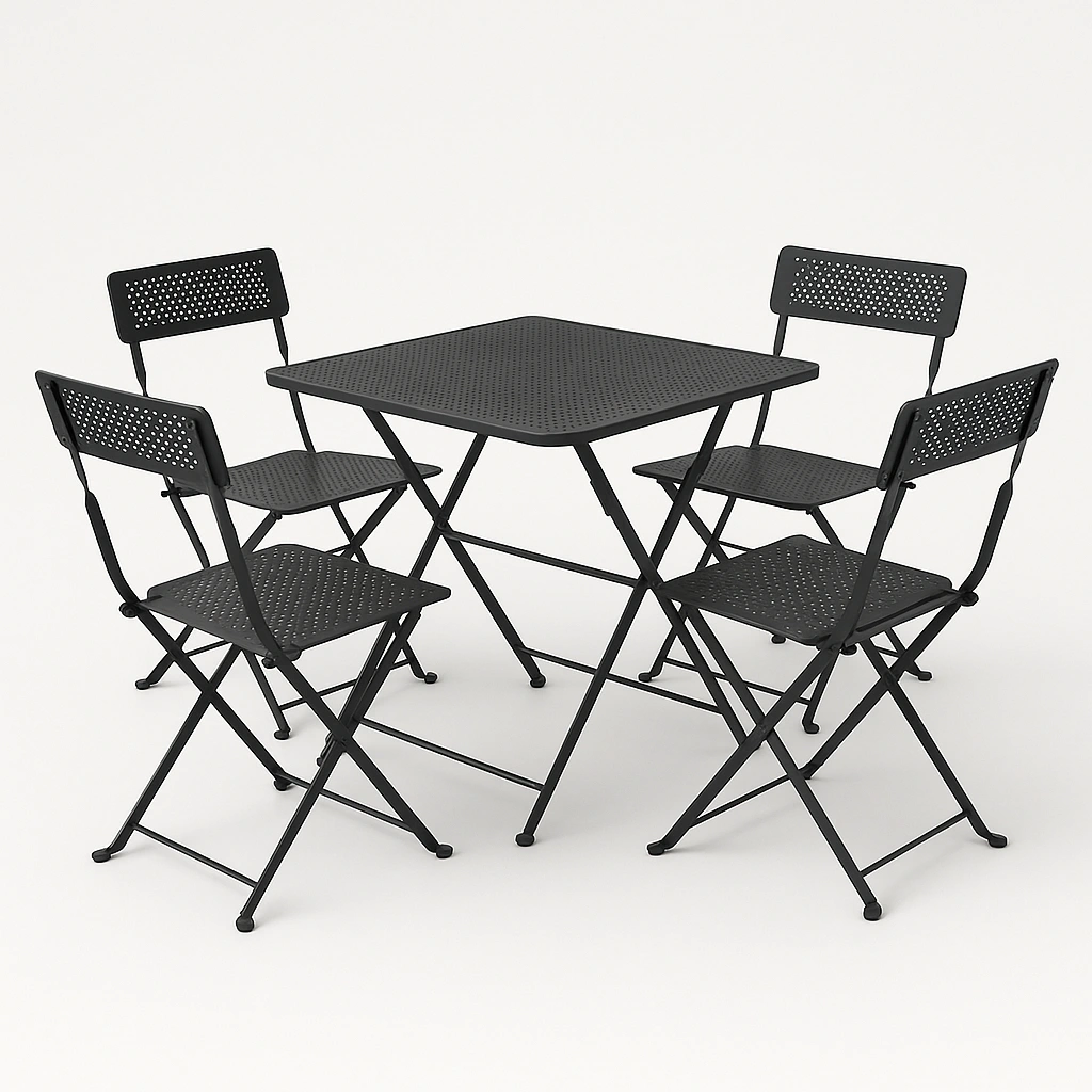 Klappbarer Tisch und Stühle, schwarzes Metall, perforiert, für den Außenbereich