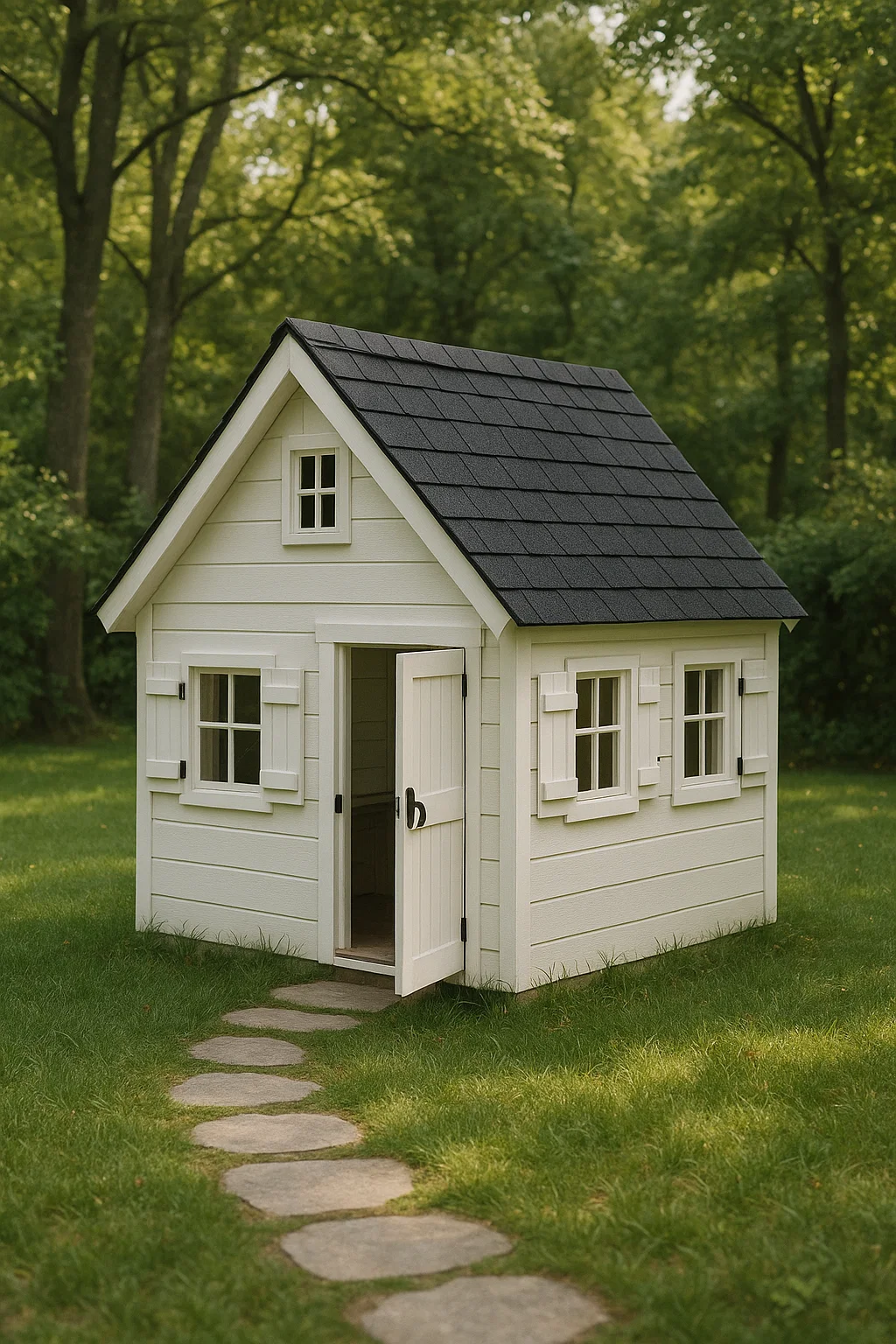 Weißes Kinderspielhaus aus Holz mit schwarzem Dach für den Garten, 140 x 120 x 155 cm, YetjmEK137hC