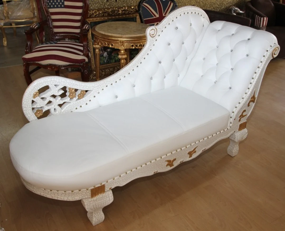 Baroque Chaise Longue White / Gold / Real Leather Chaise Lonque - Recamiere from the house - Lounger Sofa Living Room Furniture