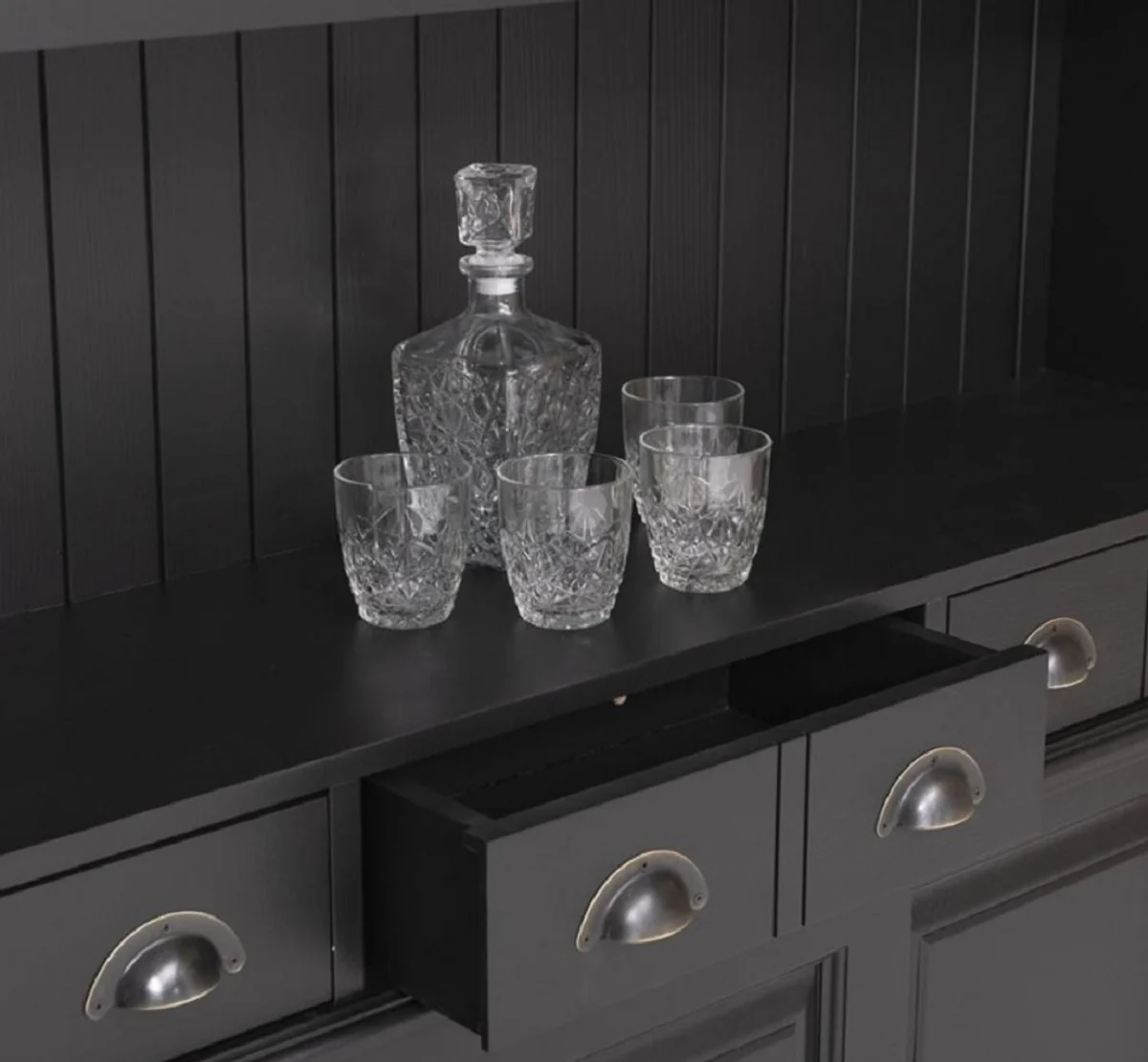 Country house style solid wood bar cabinet black 151 x 36 x H. 210 cm - Solid wood wine cabinet in country house style - Solid wood bar furniture - Country house style bar furniture