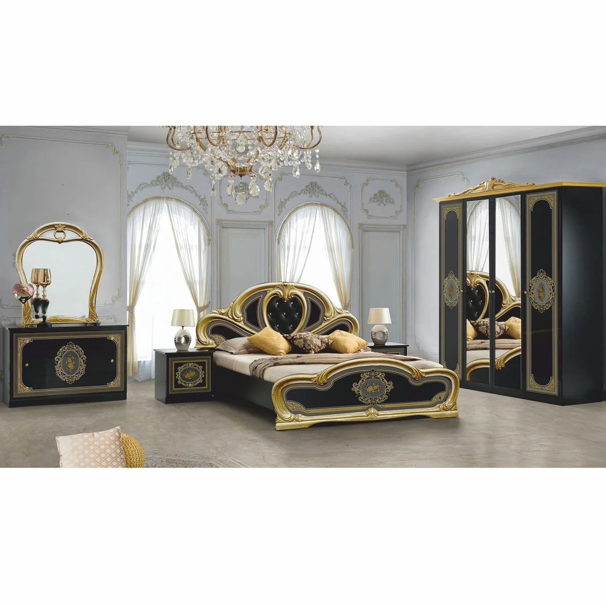 Luxus Barock Schlafzimmer Schrank Schwarz / Gold 177 cm - Barock Schlafzimmer Möbel