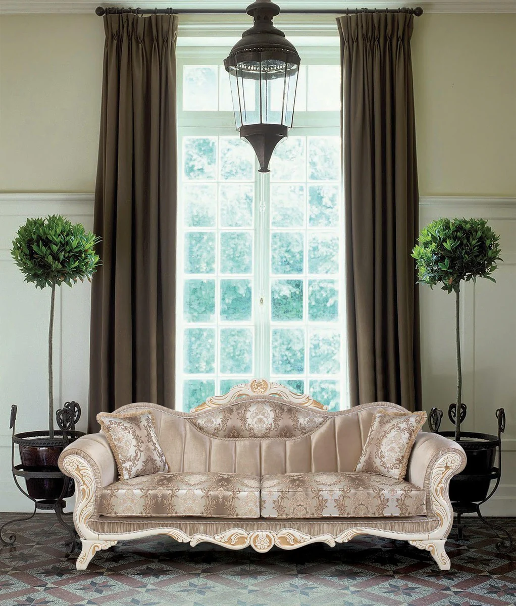 Luxury baroque sofa with cushions beige / white / gold 237 x 90 x H. 99 cm - Baroque living room furniture