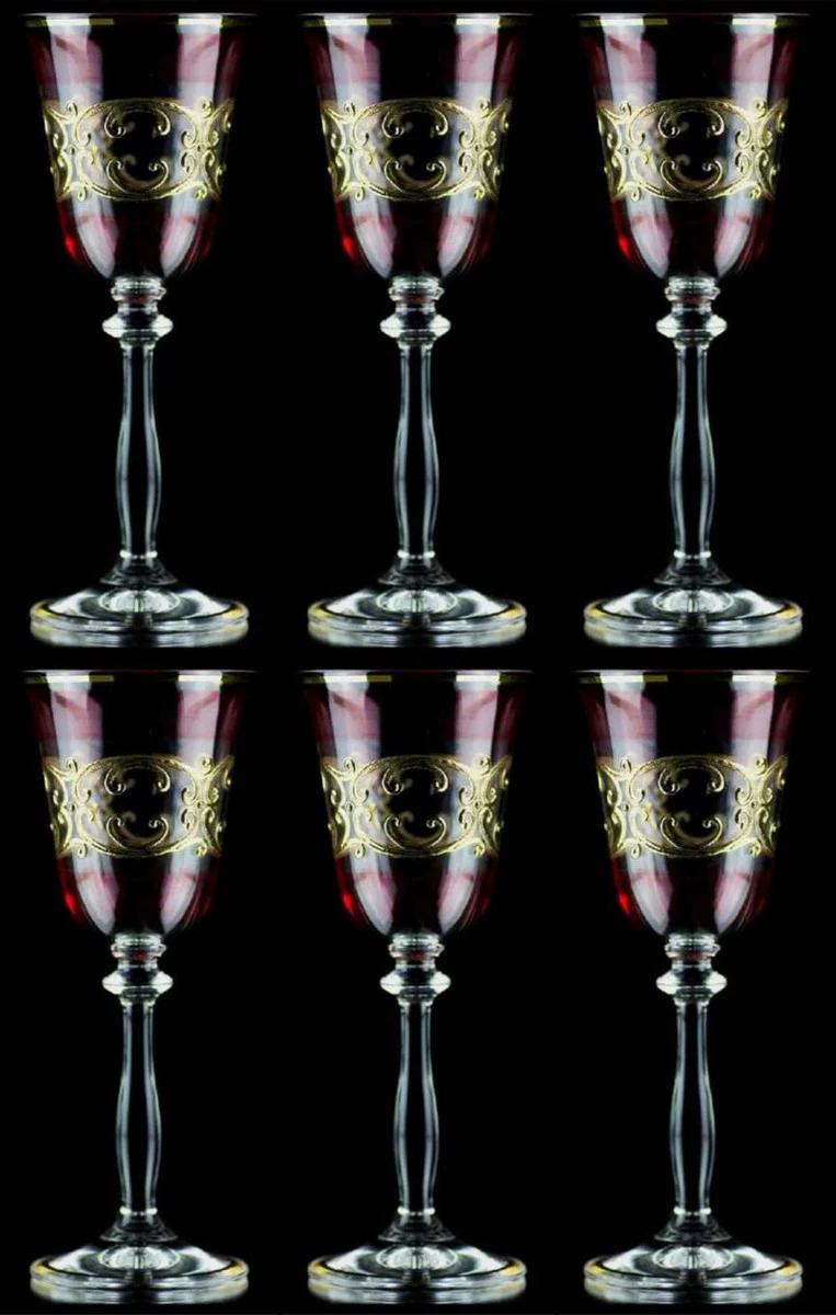 Luxury Baroque Liqueur Glass Set of 6 Bordeaux Red / Gold Ø 5.5 x H. 17 cm - Handmade and hand-painted Liqueur Glasses - Hotel & Restaurant Accessories - Luxury Quality