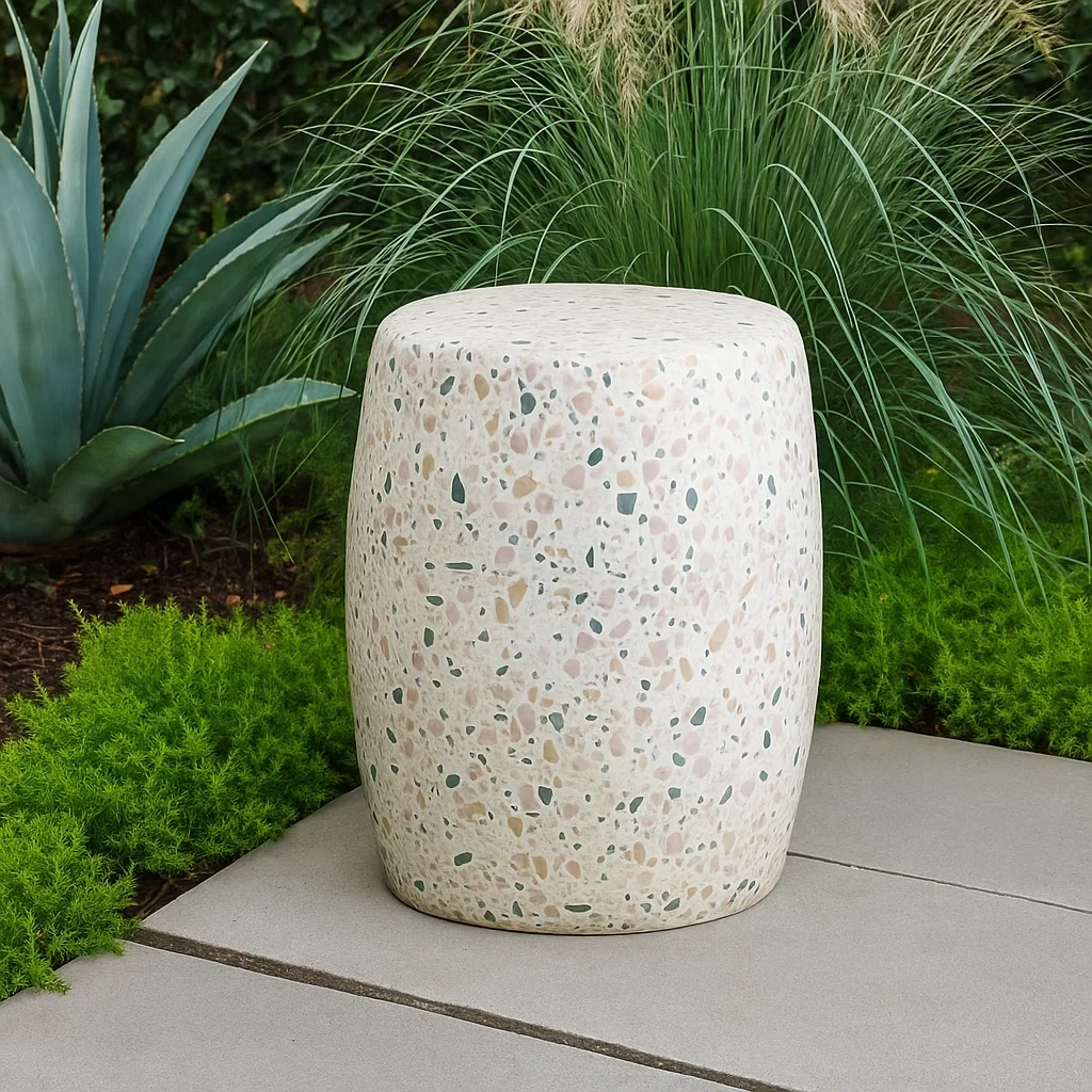 Beistelltisch für den Außenbereich, weiß, Terrazzo, geeignet für den Garten, Durchmesser 35 cm x Höhe 45 cm