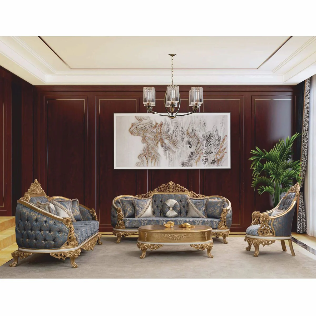 Luxury Baroque Sofa Blue / White / Gold 240 cm - Baroque Living Room Furniture