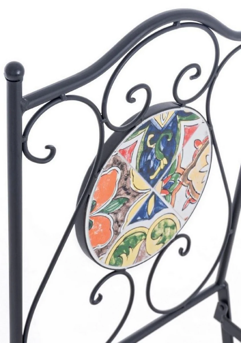 Art Nouveau garden chair set of 6 black / multicolored 39 x 47 x H. 92 cm - folding chairs with elegant ceramic plates - nostalgic garden and catering furniture
