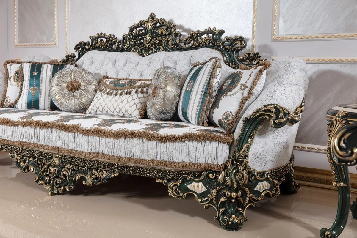 Luxury Baroque Sofa White / Multicolored / Green / Gold - Magnificent Living Room Sofa with Elegant Pattern - Baroque Living Room & Hotel Furniture - Noble & Magnificent