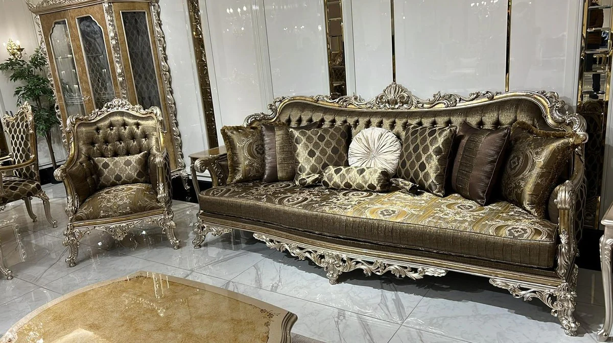 Luxury Baroque Sofa Gold / Silver - Magnificent Living Room Sofa with Decorative Pillows - Baroque Living Room Furniture - Noble & Magnificent
