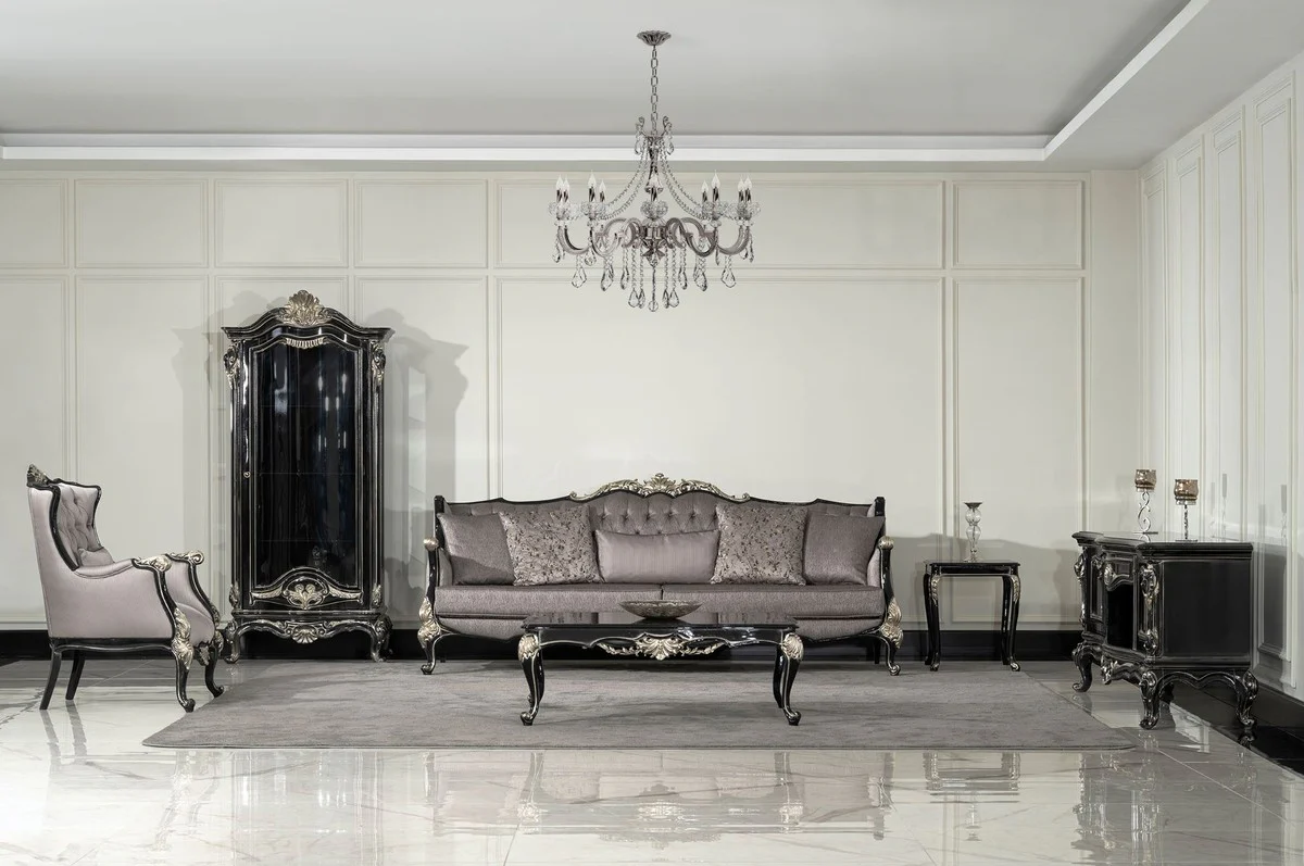 Luxury Baroque Living Room Sofa Silver / Black / Silver - Magnificent Baroque Style Sofa with Decorative Pillows - Luxury Living Room Furniture in Baroque Style - Baroque Furniture