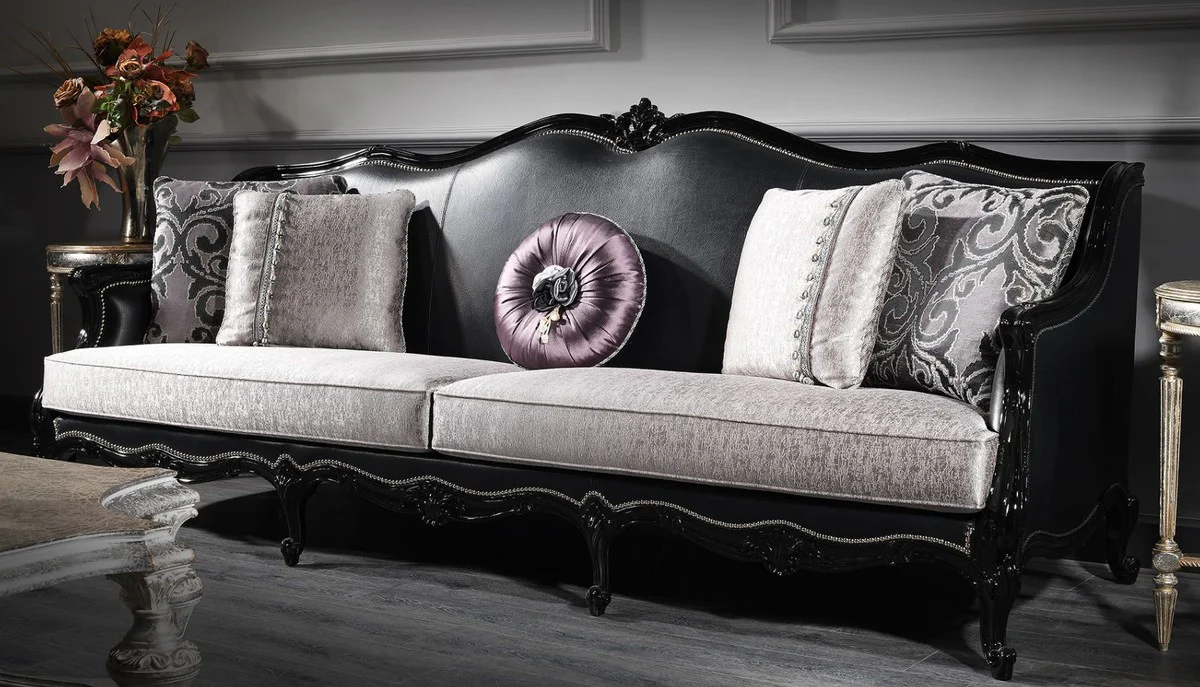 Luxury baroque living room sofa silver / black 260 x 90 x H. 95 cm - noble & magnificent