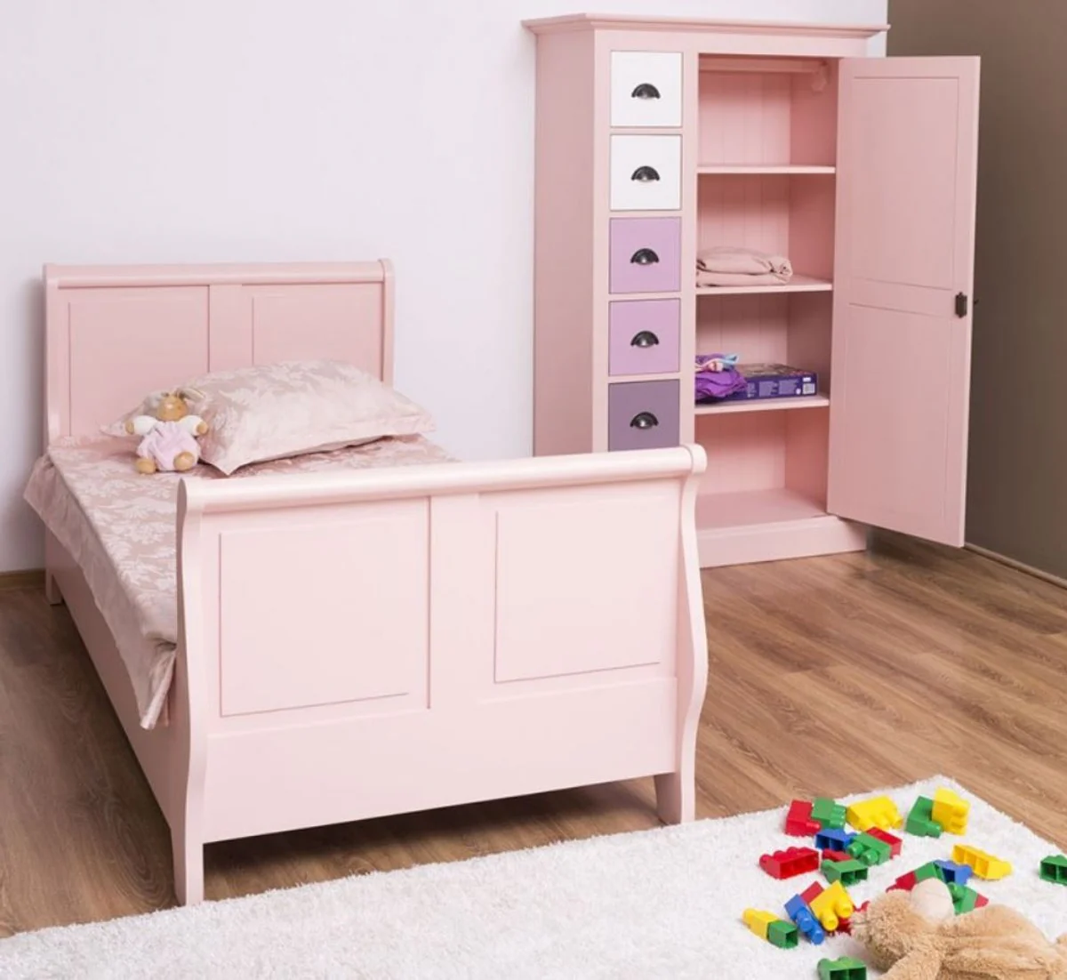 Country style solid wood children's room furniture set pink / white / purple - 1 single bed & 1 wardrobe & 1 bedside table - country style furniture