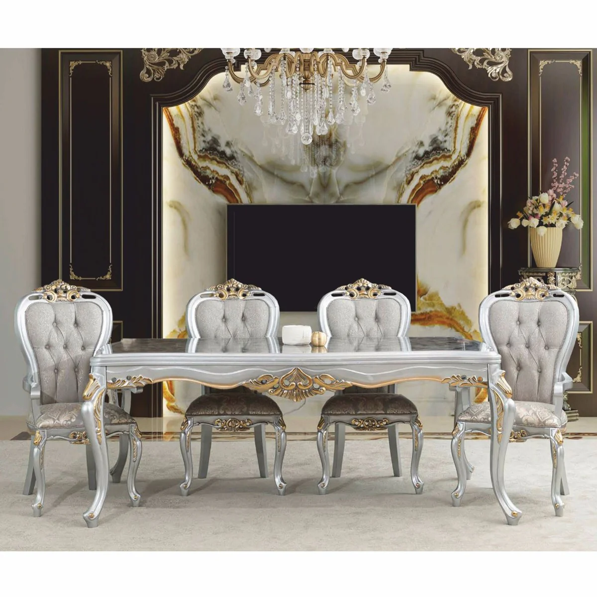 Luxury Baroque Dining Room Chair with Armrests Gray / Silver / Gold - Baroque Furniture