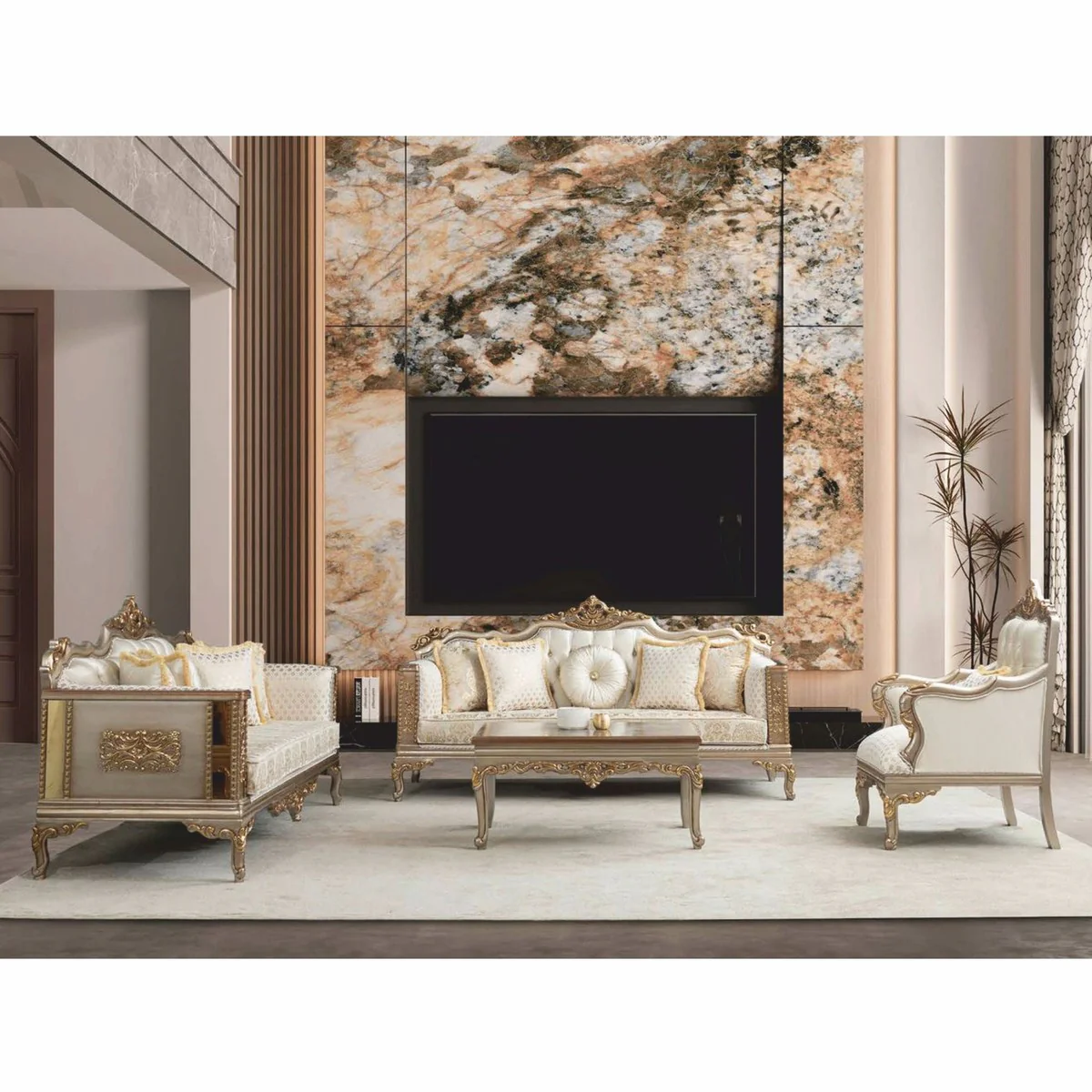 Luxury Baroque Living Room Sofa Cream / Gray / Gold 220 cm - Baroque Furniture