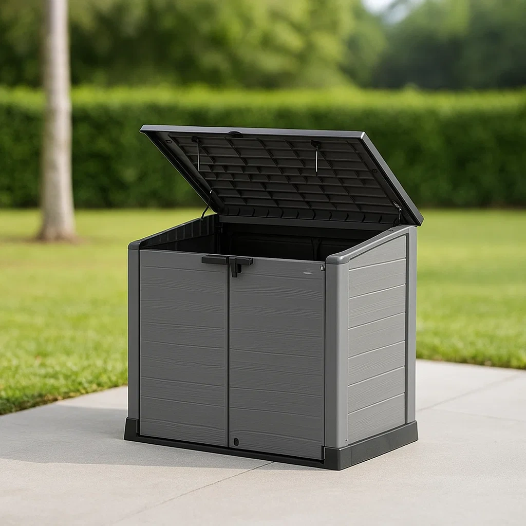 Gartenaufbewahrungsbox mit Klappdeckel und Türen, grau, Kunstharz, für den Außenbereich, 145 x 84 x 124 cm