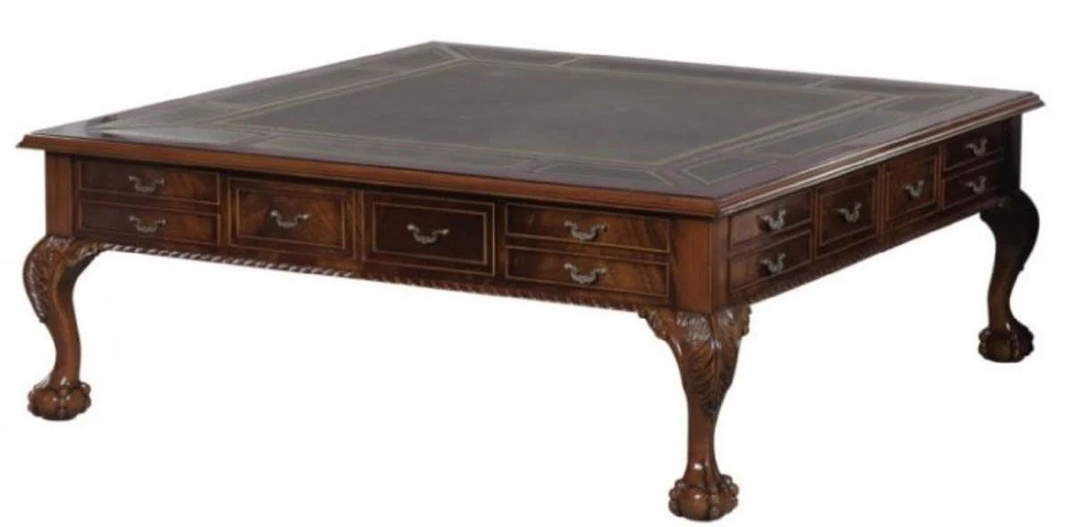 Luxury baroque living room table dark brown / green 130 x 130 x H. 49 cm - coffee table with 24 drawers