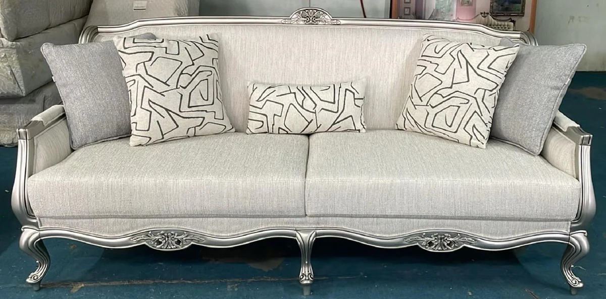 Luxury Baroque Living Room Sofa Cream / Silver 217 cm - Baroque Living Room Furniture