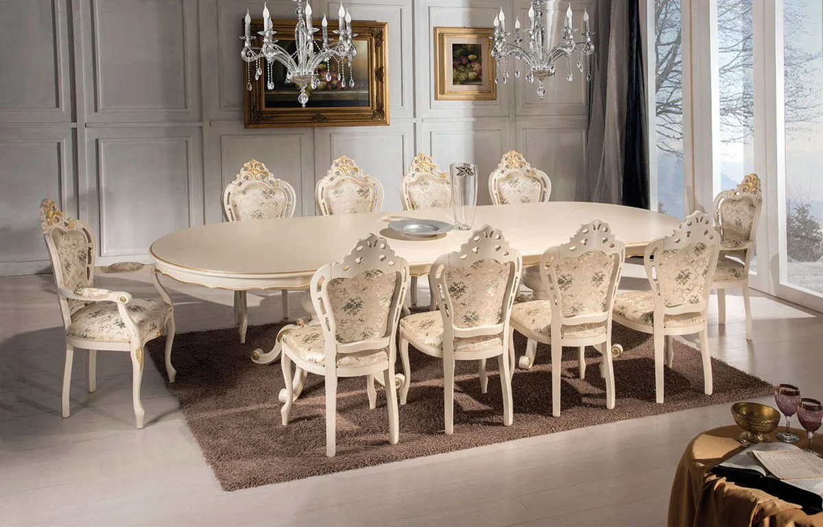 Luxury Baroque Dining Room Set Ivory / Multicolored / Gold - 1 Dining Table 350 cm & 10 Dining Room Chairs - Baroque Furniture
