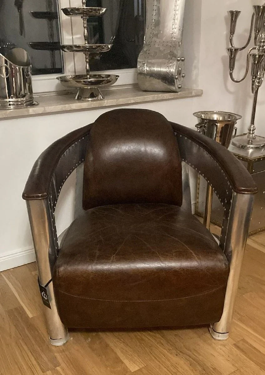 Luxury Art Deco leather armchair vintage dark brown / silver - aluminum living room armchair with high-quality genuine leather - lounge armchair - airplane aviator genuine leather furniture - luxury furniture