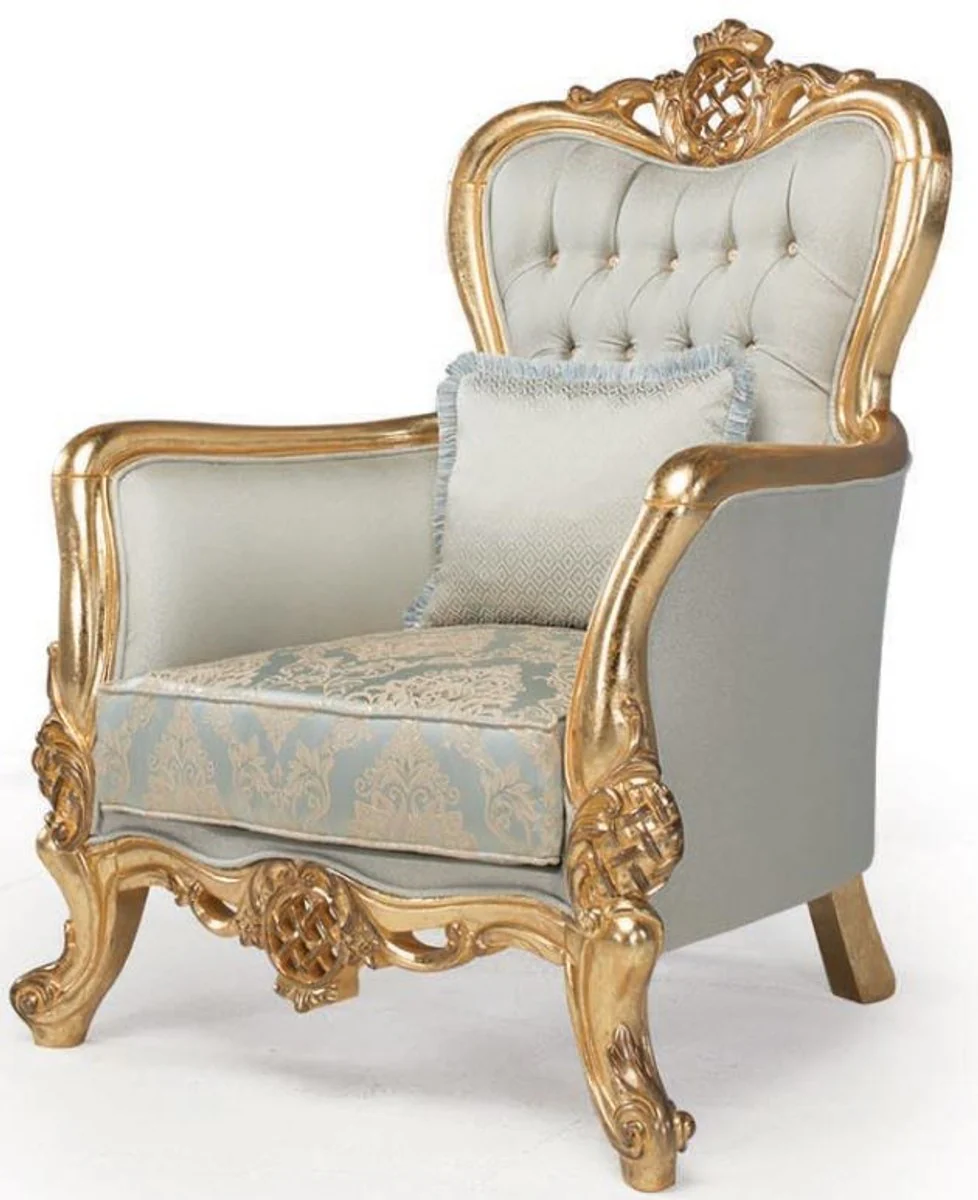 Luxus Barock Wohnzimmer Set Hellblau / Türkis / Gold - 2 Sofas & 2 Sessel & 1 Couchtisch - Wohnzimmer Möbel im Barockstil - Edel & Prunkvoll