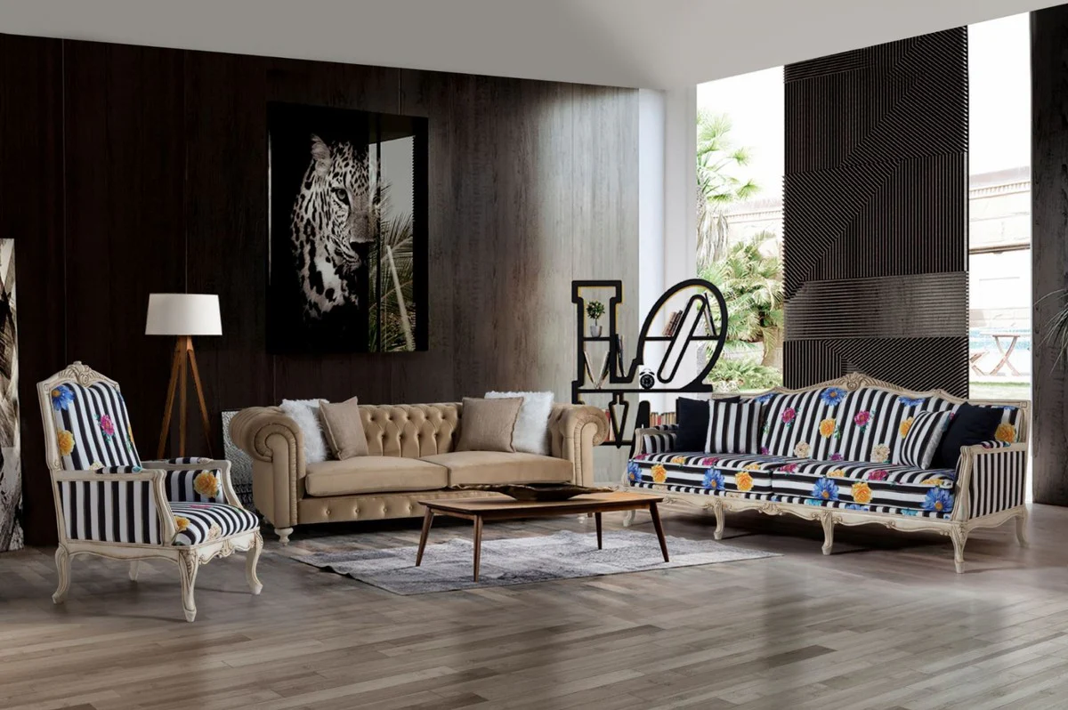 Luxury Baroque Sofa Black / White / Multicolor / Antique Cream 245 x 80 x H. 100 cm - Striped Baroque Style Sofa with Floral Pattern - Baroque Living Room Furniture