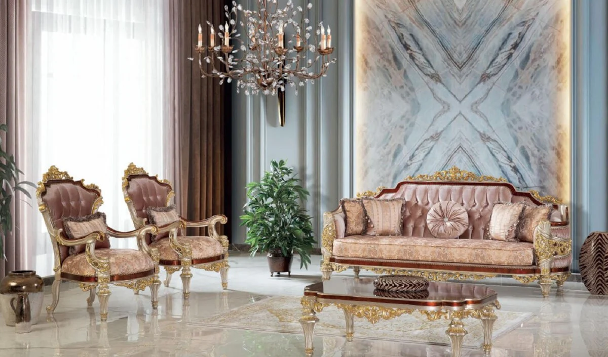 Luxus Barock Wohnzimmer Set Rosa / Braun / Silber / Gold - 2 Sofas & 2 Sessel & 1 Couchtisch - Handgefertigte Wohnzimmer Möbel im Barockstil - Edel & Prunkvoll