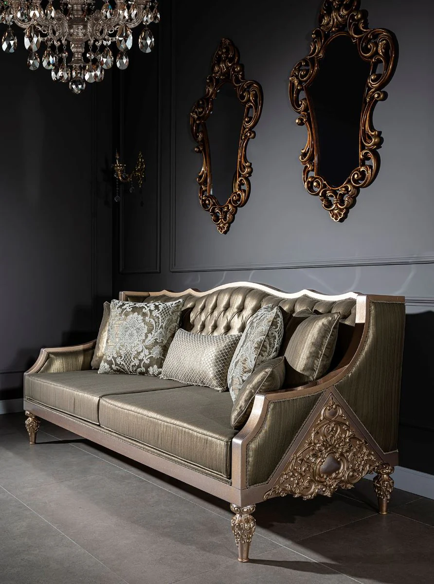 Luxury baroque sofa green / silver / copper / gold 210 x 86 x H. 89 cm - living room sofa with decorative pillows - baroque living room furniture