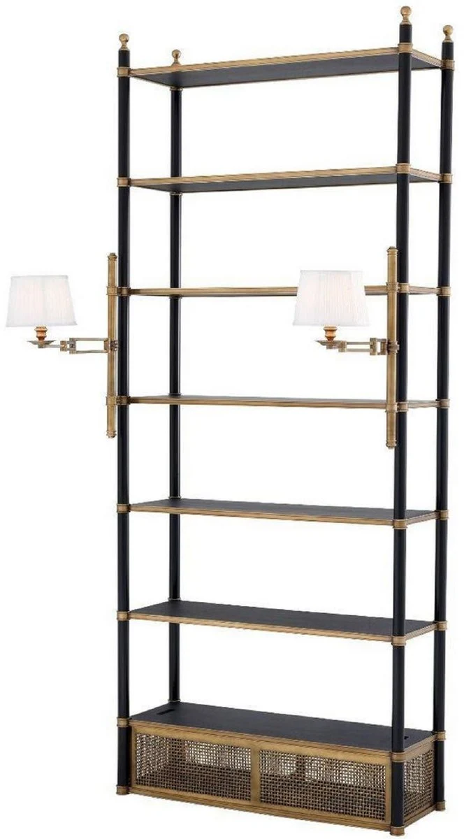 Luxury shelf cabinet with 2 swiveling lights vintage brass / black 105 x 44 x H. 250 cm - bookcase - living room cabinet - office cabinet - luxury furniture