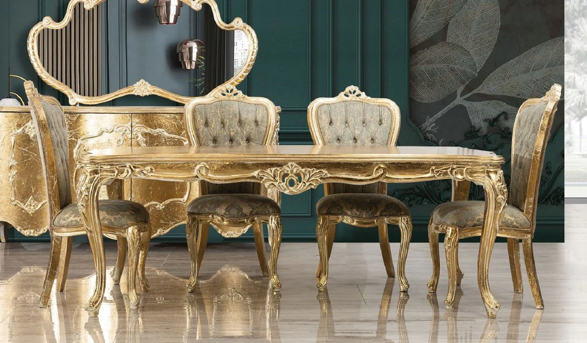 Luxury Baroque Dining Room Set Green / Antique Gold - 1 Baroque Dining Table & 6 Baroque Dining Chairs - Luxury Dining Room Furniture in Baroque Style - Magnificent Baroque Dining Room Furniture