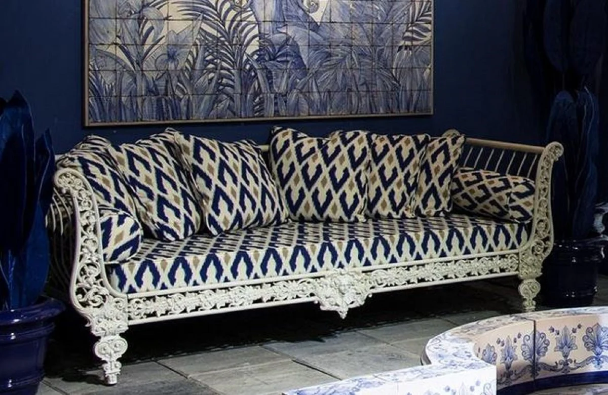 Luxury baroque sofa white / blue / gold 212 x 87 x H. 77 cm - hand-forged wrought iron sofa with cushions - living room sofa - garden sofa - terrace sofa - baroque furniture