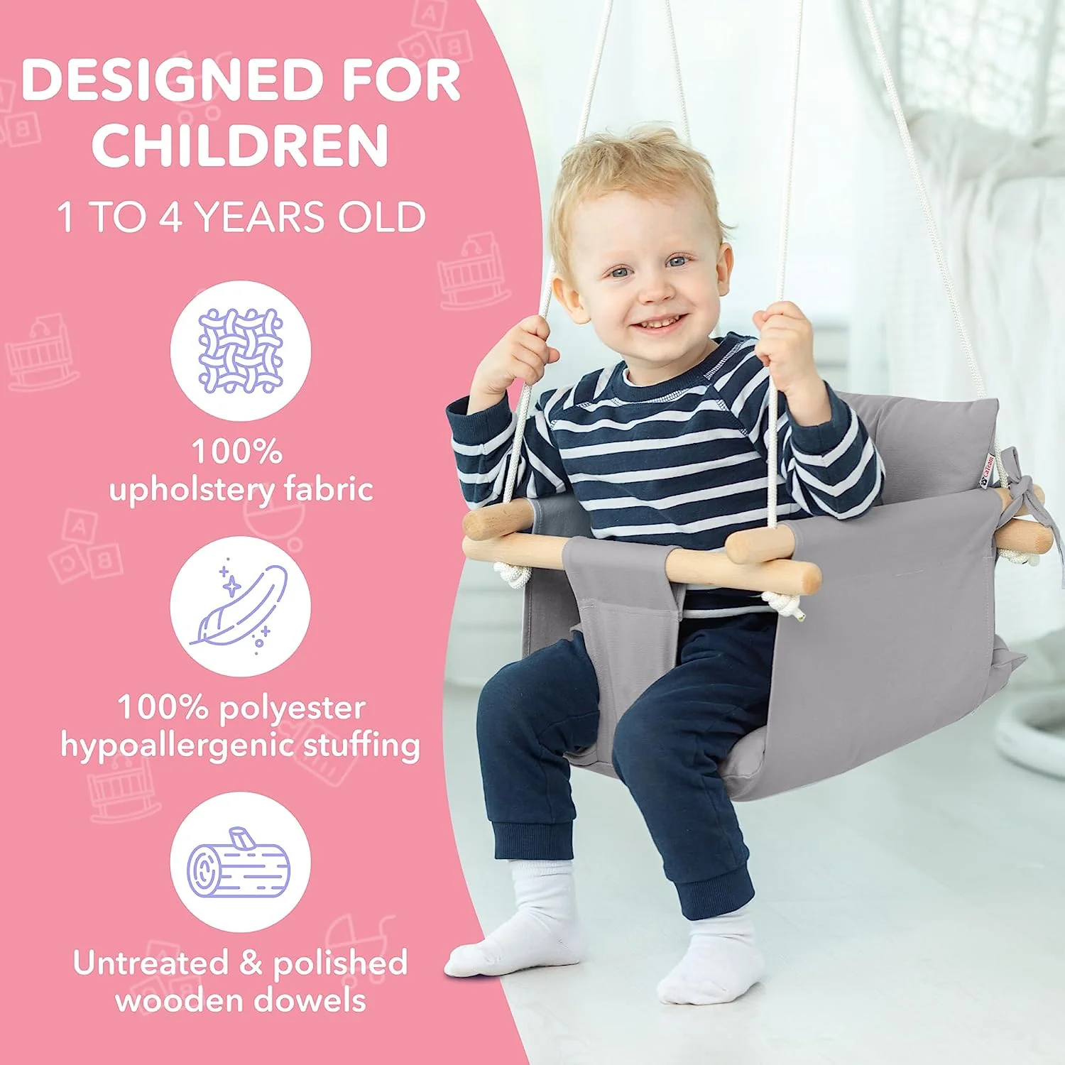 Babyschaukel aus Segeltuch, hängender Schaukelsitz aus Holz mit Sicherheitsgurt, langlebiger Baby-Hängemattenstuhl, Außen- und Innenschaukel für Kinder, Montagezubehör im Lieferumfang enthalten, Elfenbeinfarben