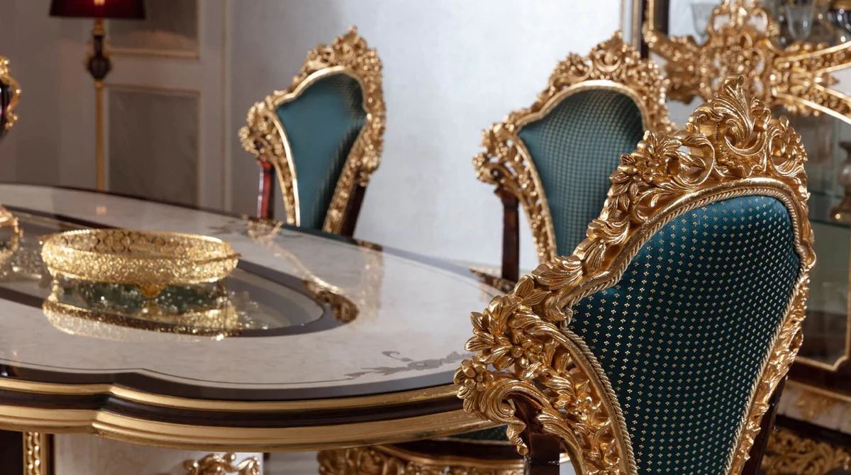 Luxury Baroque Dining Room Chair Set Blue / Brown / Gold - Handmade Kitchen Chairs Set of 6 with Elegant Pattern - Baroque Dining Room Furniture - Noble & Magnificent