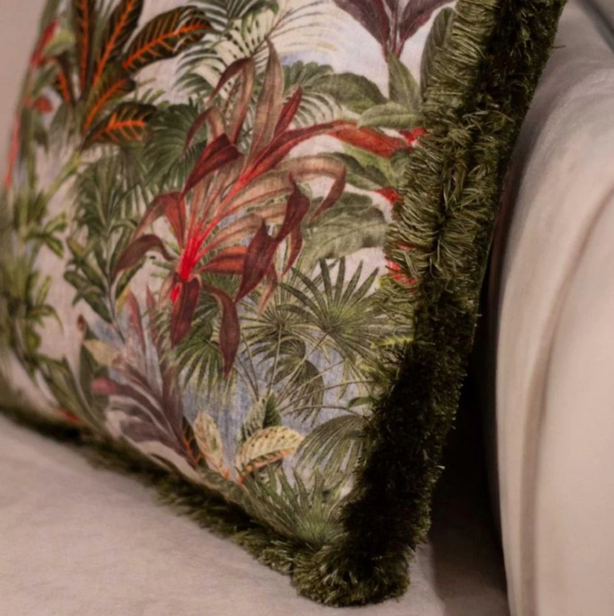 Luxury decorative cushion jungle design multicolored / green 45 x 45 cm - printed velvet cushion with fringes - decorative accessories