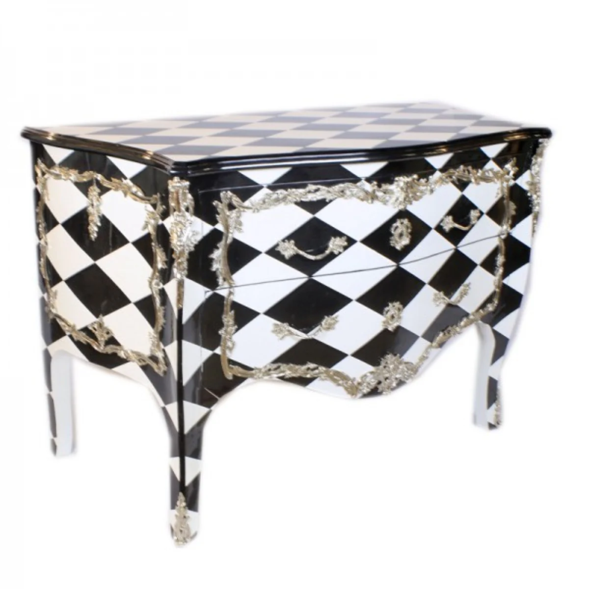 Baroque chest of drawers black / white check / silver 130 cm - handmade from solid wood
