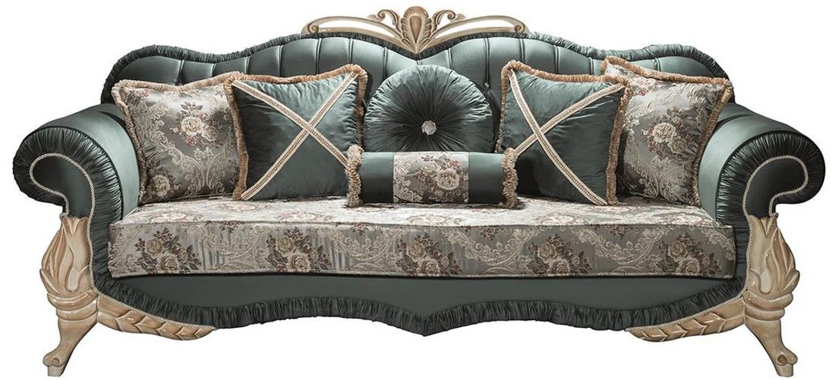 Luxury baroque living room sofa with rhinestones and decorative cushions green / cream / beige 220 x 85 x H. 100 cm - furniture in the baroque style