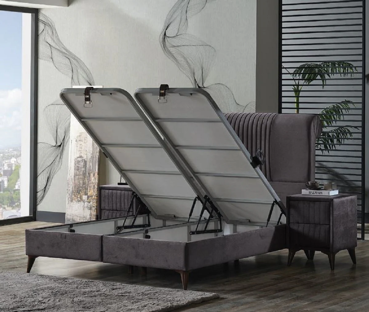 Luxury double bed gray / white / dark brown 180 x 200 cm - solid wood bed with headboard and mattress - bedroom furniture - hotel furniture - luxury furniture - luxury furnishings