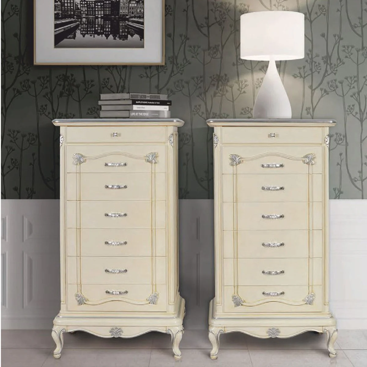 Luxury baroque chest of drawers with 7 drawers cream / silver H. 135 cm - Made in Italy