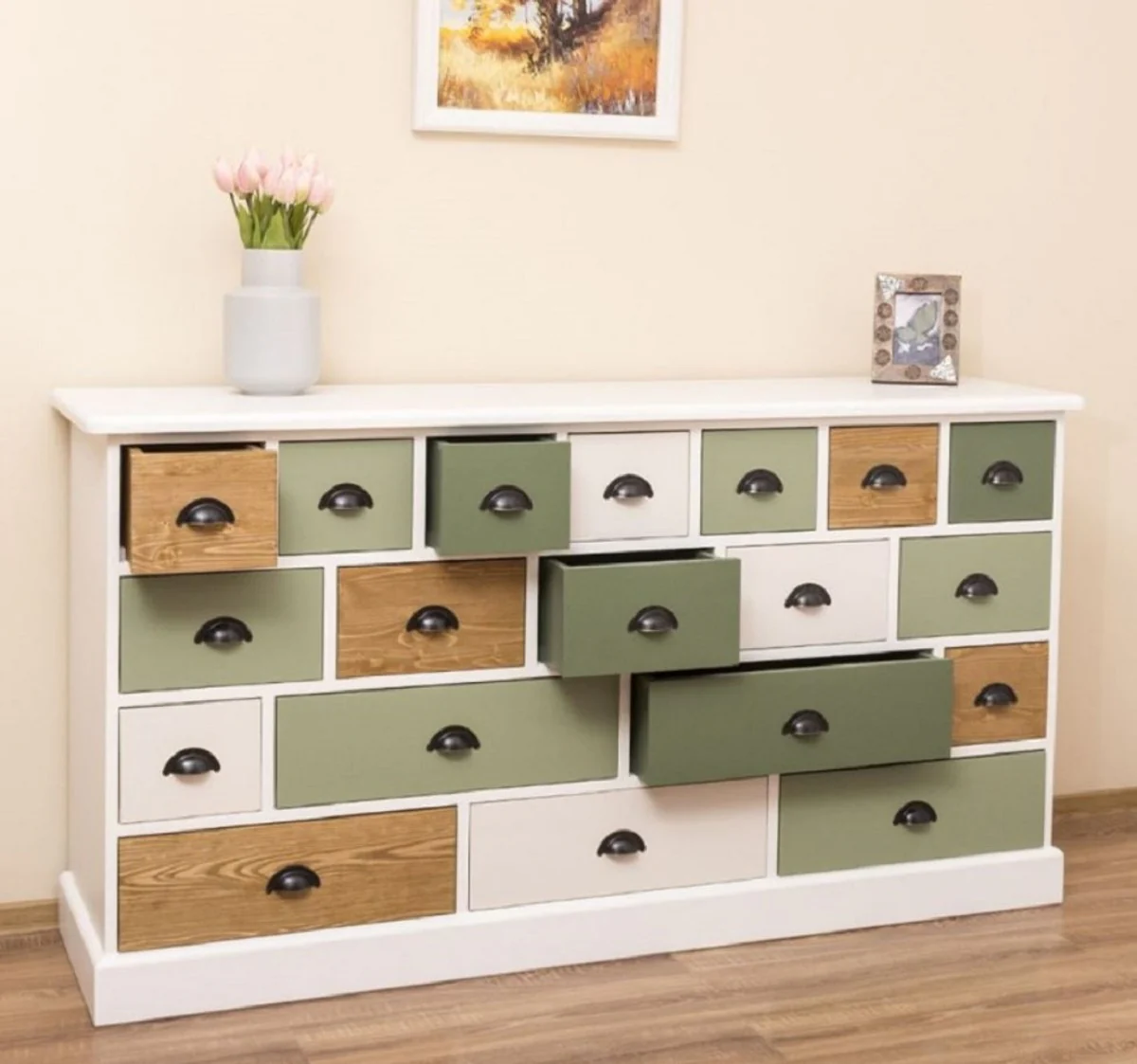 Country house style chest of drawers white / green / natural colors 180 x 48 x H. 95 cm - solid wood cabinet with 19 drawers - country house style furniture - furniture in country house style - country house style furnishings