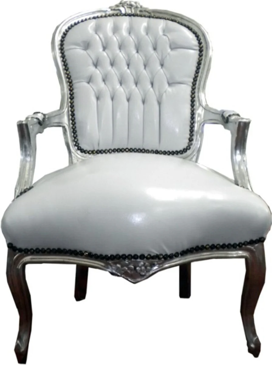Baroque salon chair white / silver leather look - furniture antique style