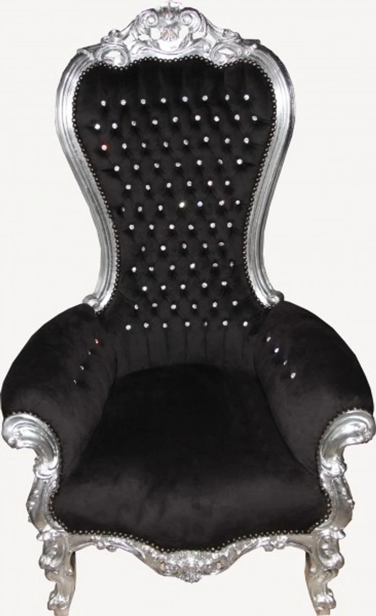 Barock Thron Sessel Majestic Medium Schwarz/Silber mit Bling Bling Glitzersteinen - Riesensessel - Thron Stuhl Tron