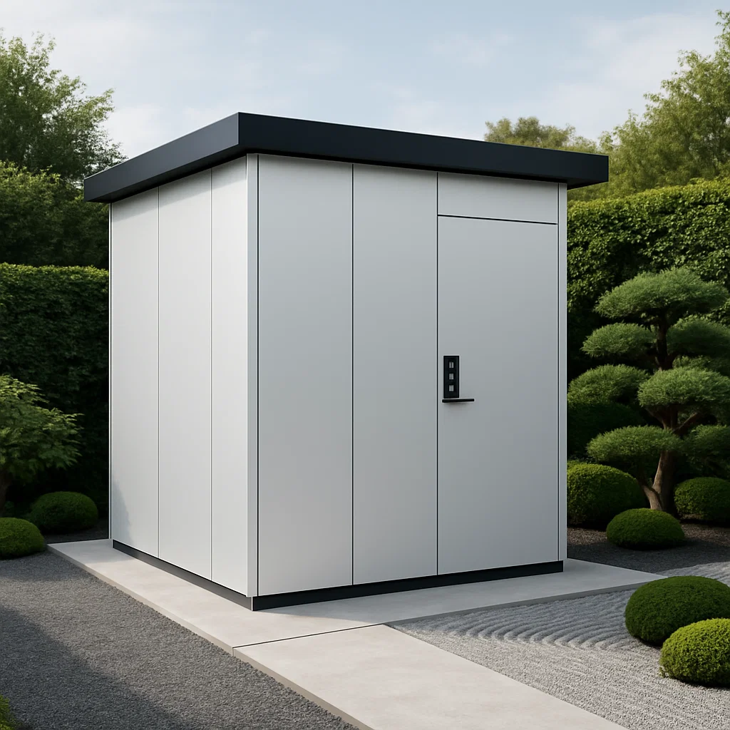 Weißes Gartenhaus mit schwarzem Metallrahmen für den Außenbereich, 220 × 180 × 205 cm, tJOUMCu208DL