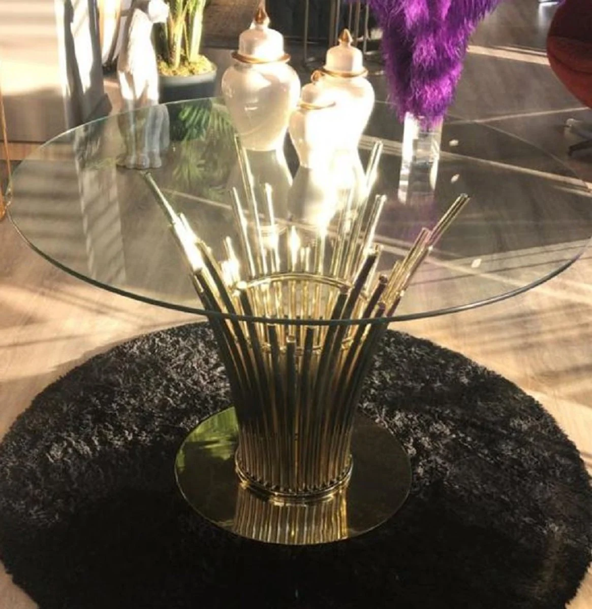 Luxury dining table gold Ø 100 x H. 75 cm - Round dining room table with tempered glass top - Dining room furniture - Kitchen furniture - Luxury furniture