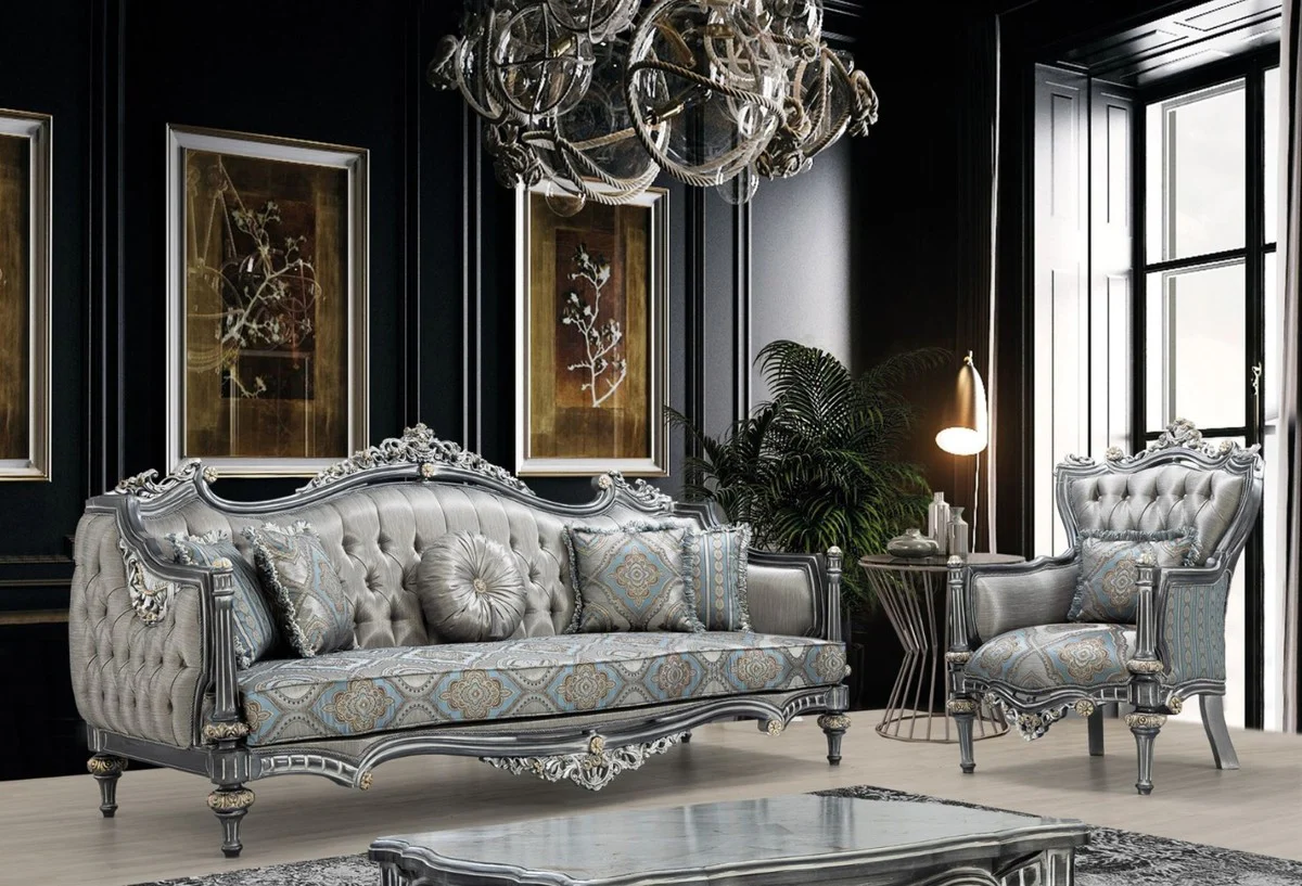 Luxus Barock Wohnzimmer Set Silber / Türkis / Gold - 2 Sofas & 2 Sessel & 1 Couchtisch - Wohnzimmer Möbel im Barockstil - Edel & Prunkvoll
