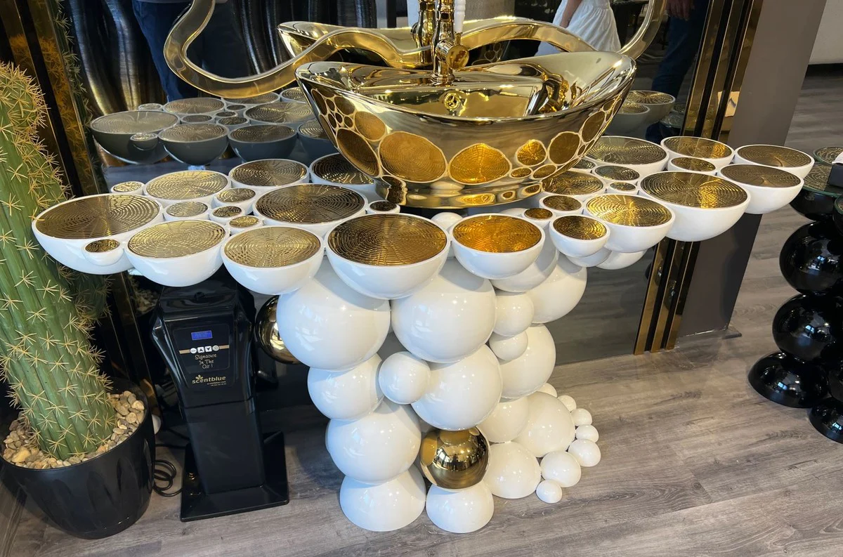 Luxury designer bathroom set white / gold 150 x 58 x H. 70 cm - 1 washbasin with sink and fitting - bathroom furniture - luxury furniture - designer furniture