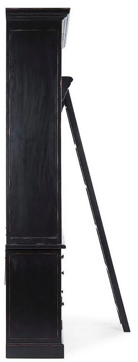 Country house style cabinet with ladder antique black 143.5 x 40.6 x H. 233.7 cm - bookcase - shelf cabinet - living room cabinet - office cabinet - country house style furniture