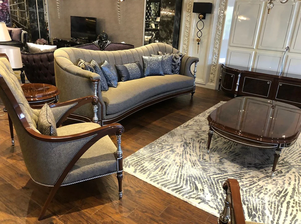Luxury Baroque Living Room Set Gray / Brown / Silver - 2 Sofas & 2 Armchairs & 1 Coffee Table - Handmade Baroque Living Room Furniture - Noble & Magnificent